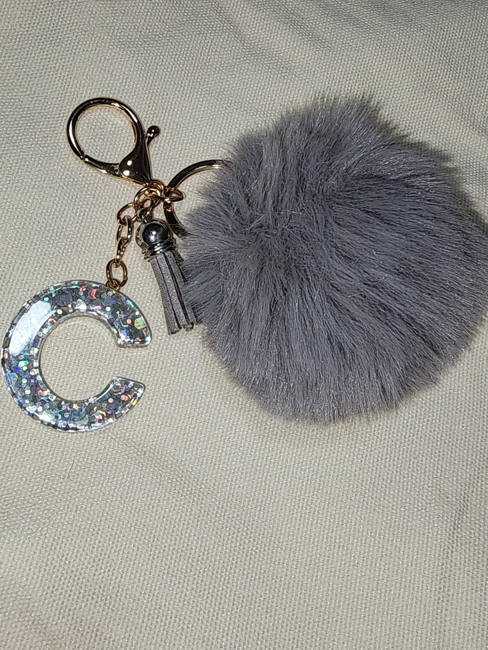 Gray Pom Pom Keychain Charm with Glitter Letter C